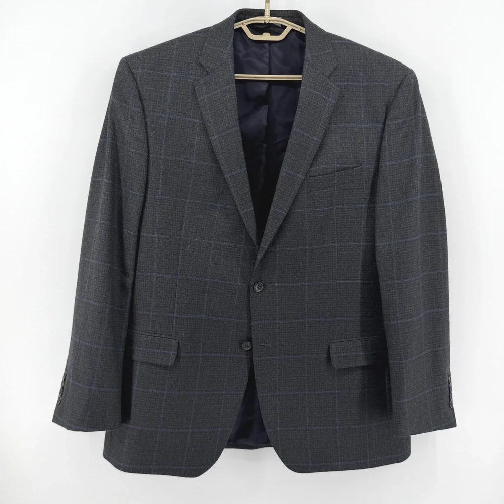 Jos. A. Bank Signature Charcoal Blue Windowpane Plaid 100% Wool Blazer 44 Long
